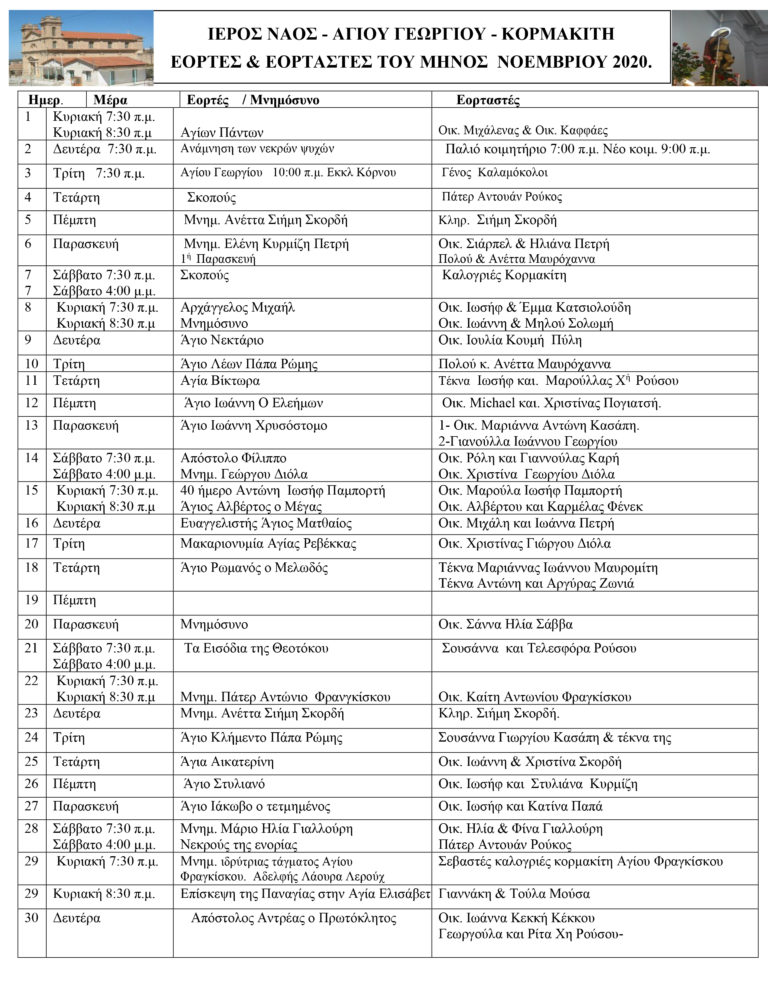 Εορτές και εορταστές Ιερού Ναού Αγίου Γεωργίου Κορμακίτη για το μήνα Νοέμβριο 2020