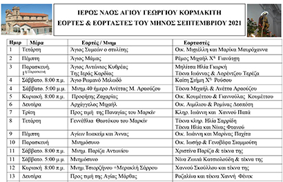 Εορτές και εορταστές Ιερού Ναού Αγίου Γεωργίου Κορμακίτη για το μήνα Σεπτέμβριο 2021