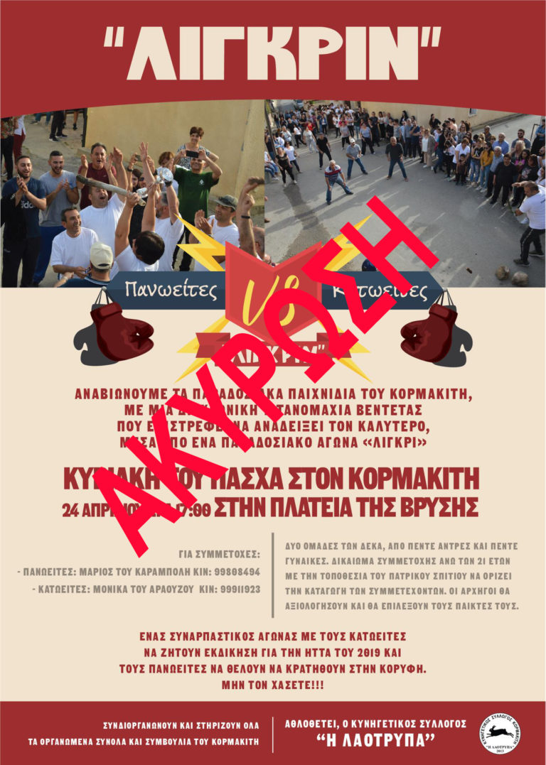 ΕΚΤΑΚΤΗ ΑΝΑΚΟΙΝΩΣΗ-Ακύρωση αγώνα ΛΙΓΚΡΙΝ – Πανωείτες Vs Κατωείτες- Κυριακή του Πάσχα 24 Απριλίου 2022