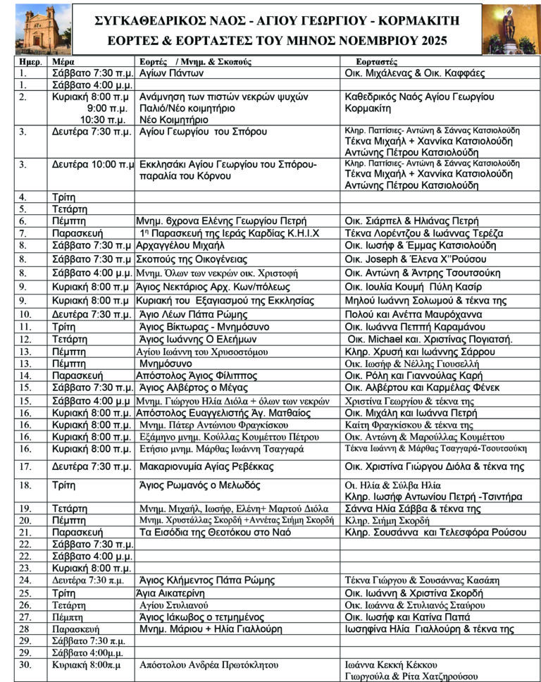 Εορτές και εορταστές Συγκαθεδρικού Ναού Αγίου Γεωργίου Κορμακίτη για το μήνα Νοέμβριο 2025