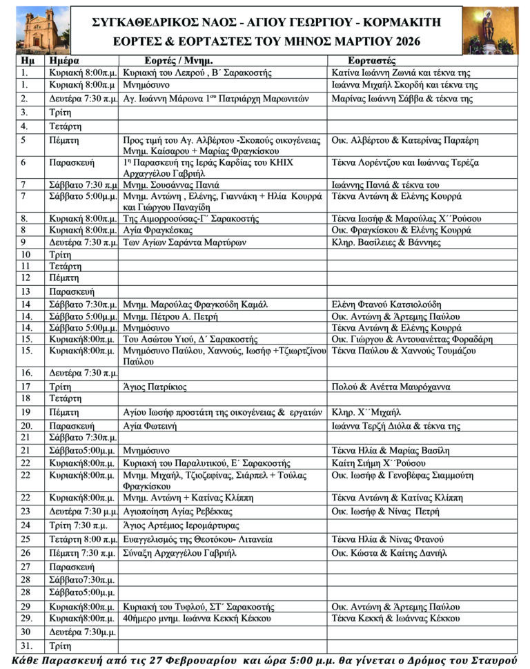 Εορτές και εορταστές Συγκαθεδρικού Ναού Αγίου Γεωργίου Κορμακίτη για το μήνα Μάρτιο 2026